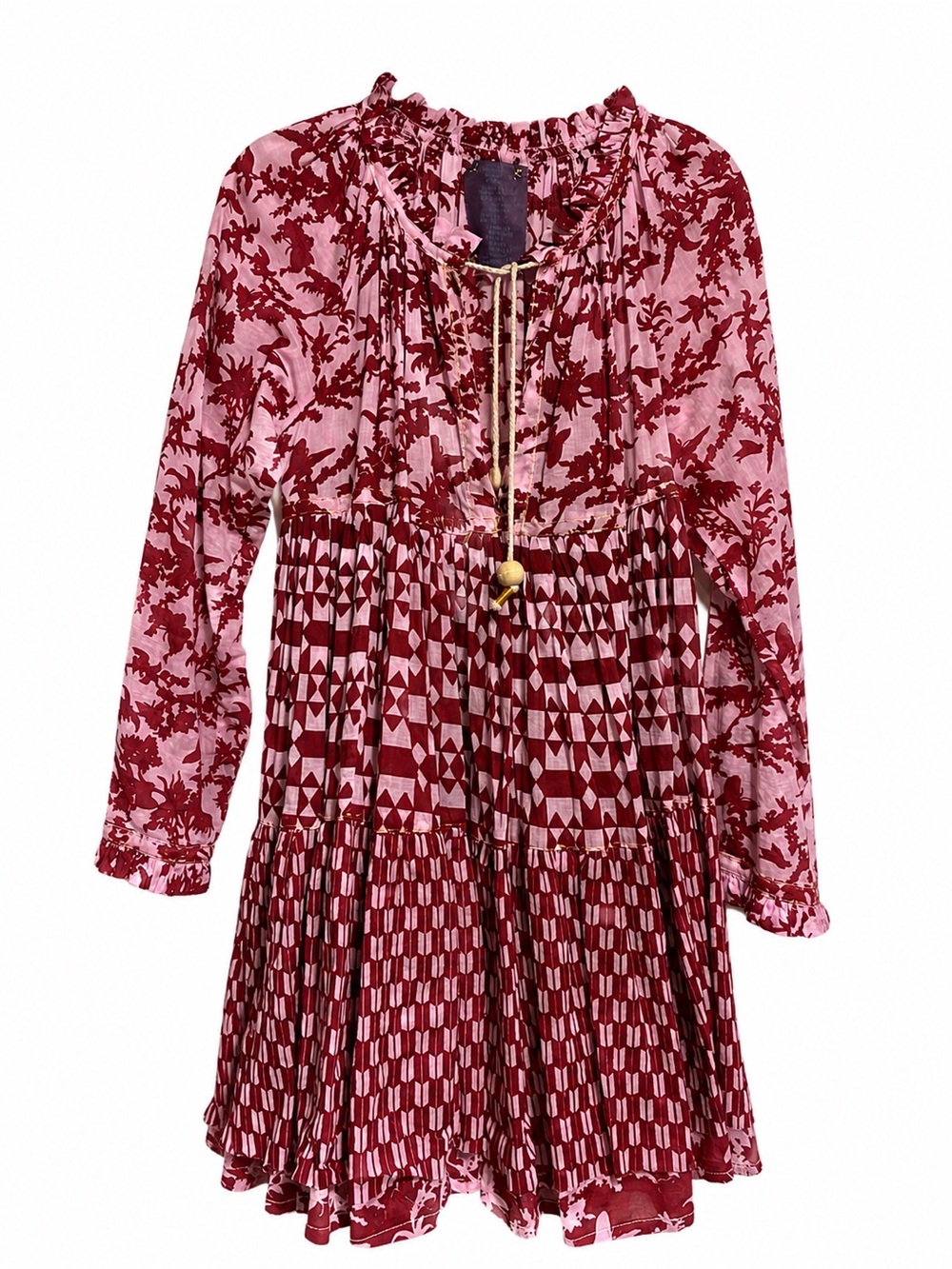 Handmade Pink & Red Floral Tie-Neck Mini Dress